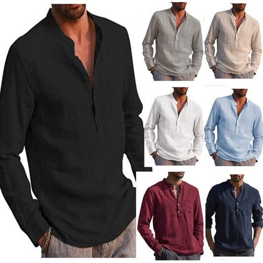 Men's Long Sleeve V-Neck Casual Faux Linen Shirt