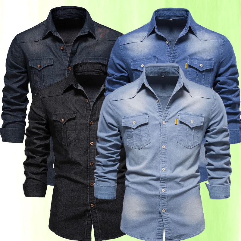 Cotton Denim Shirt Men Long Sleeve