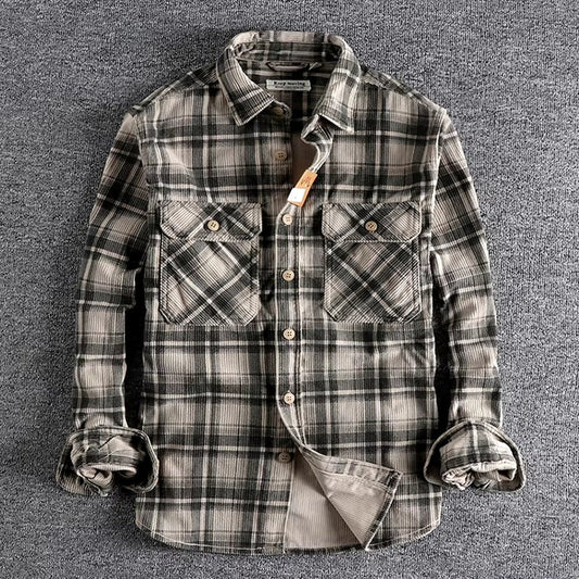 Plaid Woven Corduroy Men Shirts