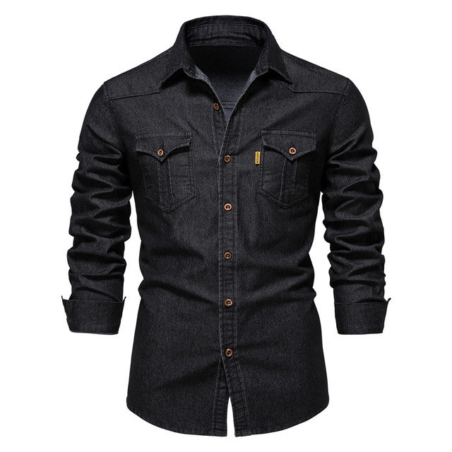 Cotton Denim Shirt Men Long Sleeve