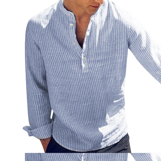 Cotton Long Sleeve Striped Slim Fit Stand Collar Shirt Male Clothes