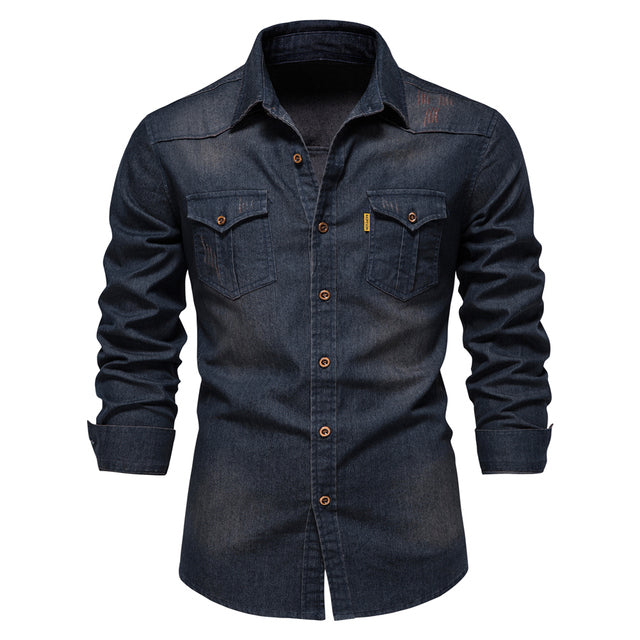 Cotton Denim Shirt Men Long Sleeve