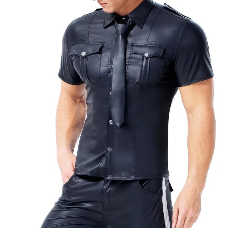 Men's PU Leather T-shirt | Turn-down Collar Button Tee Shirt