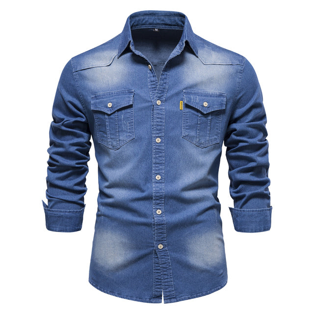 Cotton Denim Shirt Men Long Sleeve