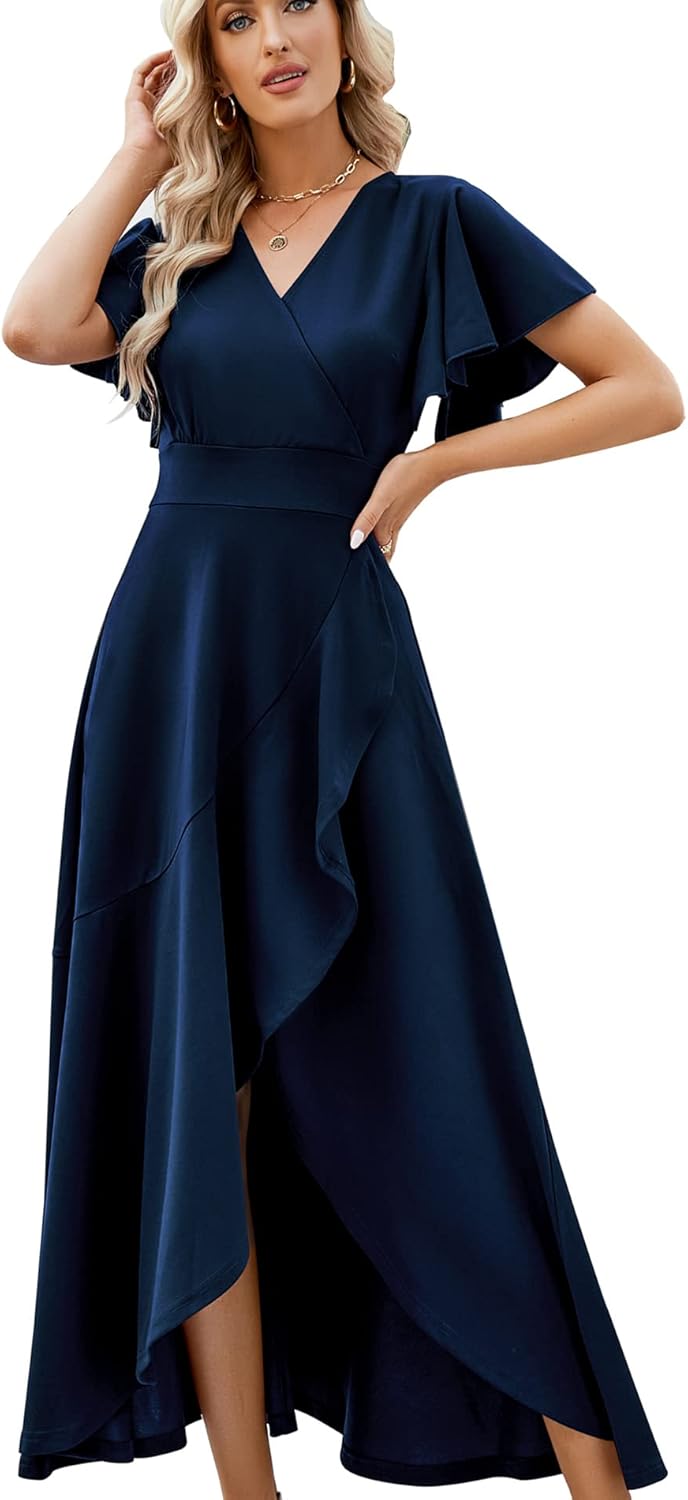 Long Black Formal Dresses for Women Gowns Evening Party Cocktail Dress,Split Elegant V Neck Wrap Ruffle Wedding Guest Dresses