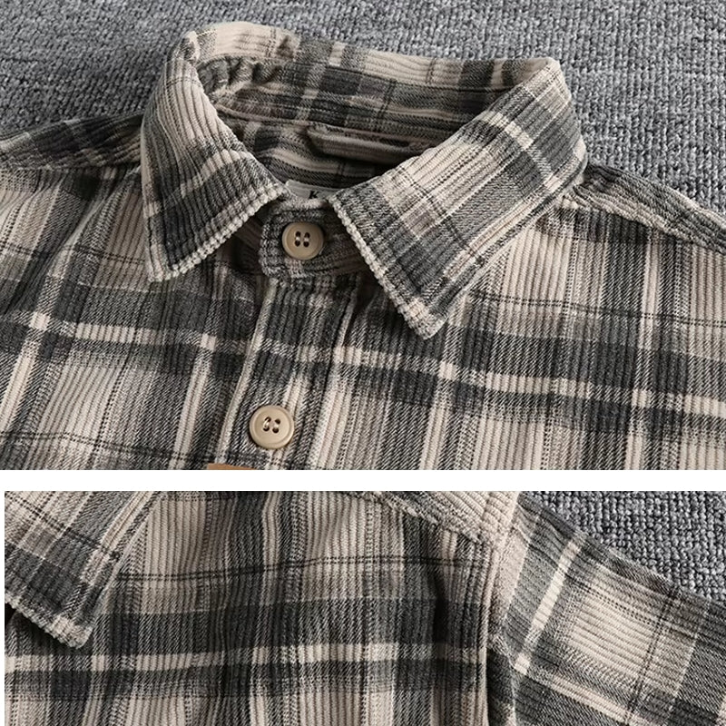 Plaid Woven Corduroy Men Shirts