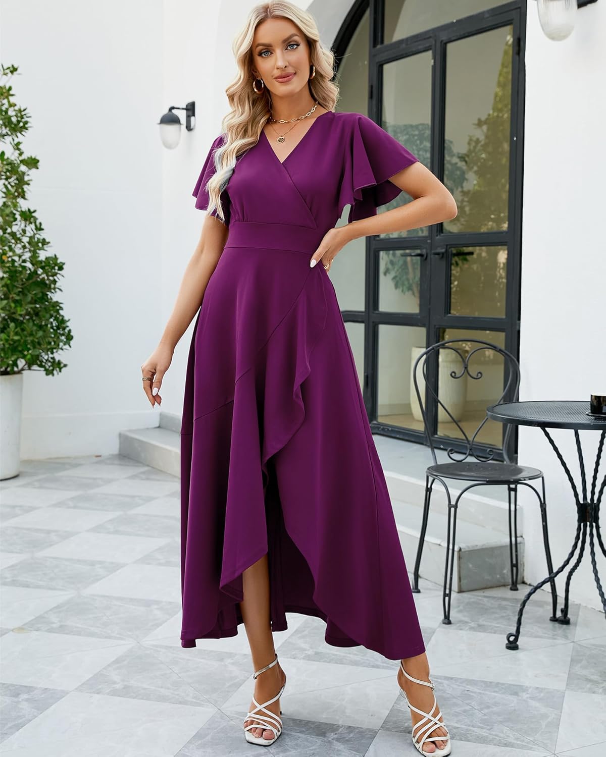 Long Black Formal Dresses for Women Gowns Evening Party Cocktail Dress,Split Elegant V Neck Wrap Ruffle Wedding Guest Dresses