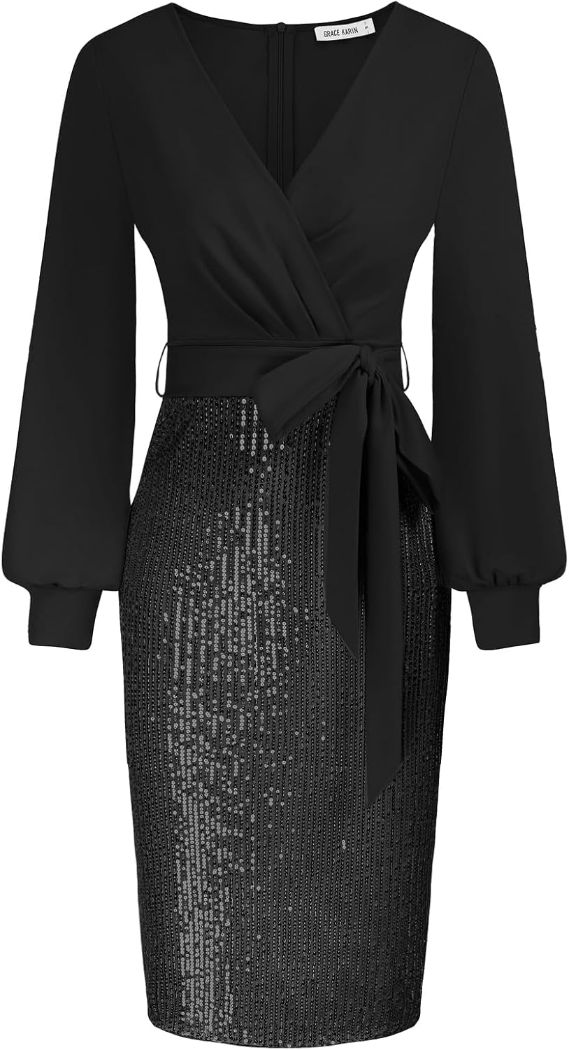 GRACE KARIN Women's Sequin Sparkly Party Dress Cocktail Bodycon Glitter Dresses Long Sleeve