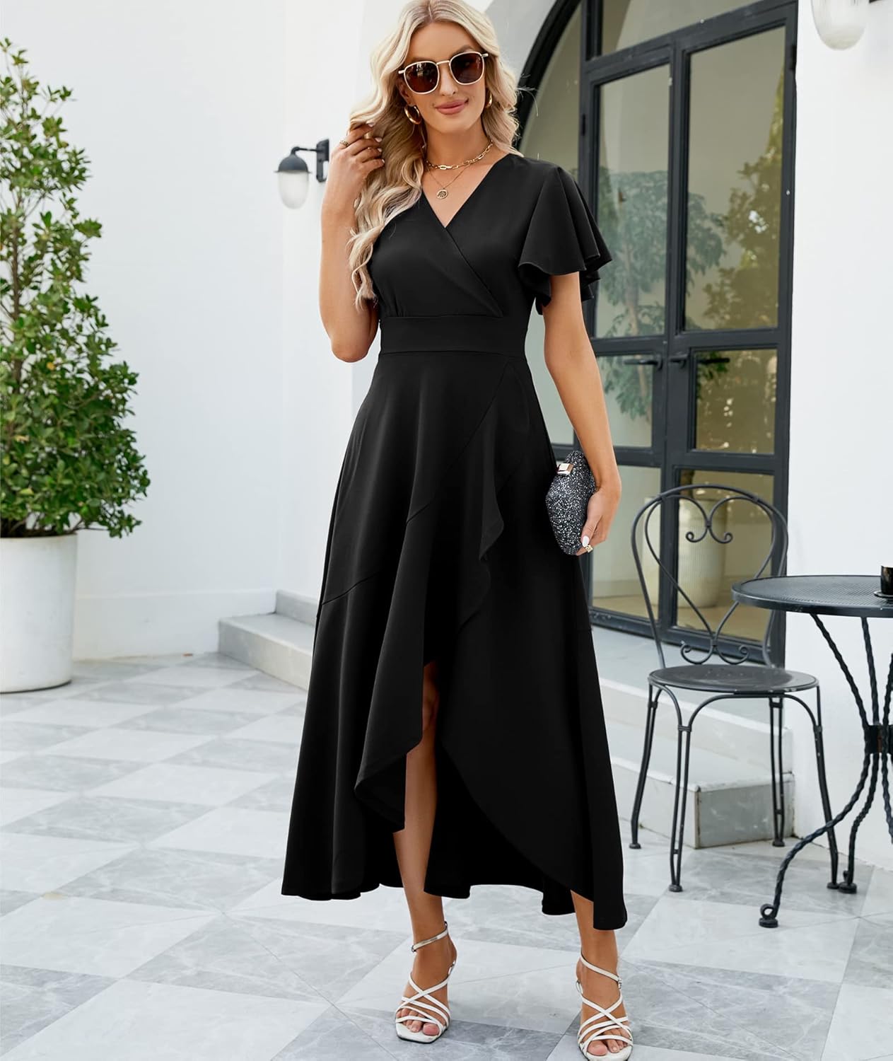 Long Black Formal Dresses for Women Gowns Evening Party Cocktail Dress,Split Elegant V Neck Wrap Ruffle Wedding Guest Dresses