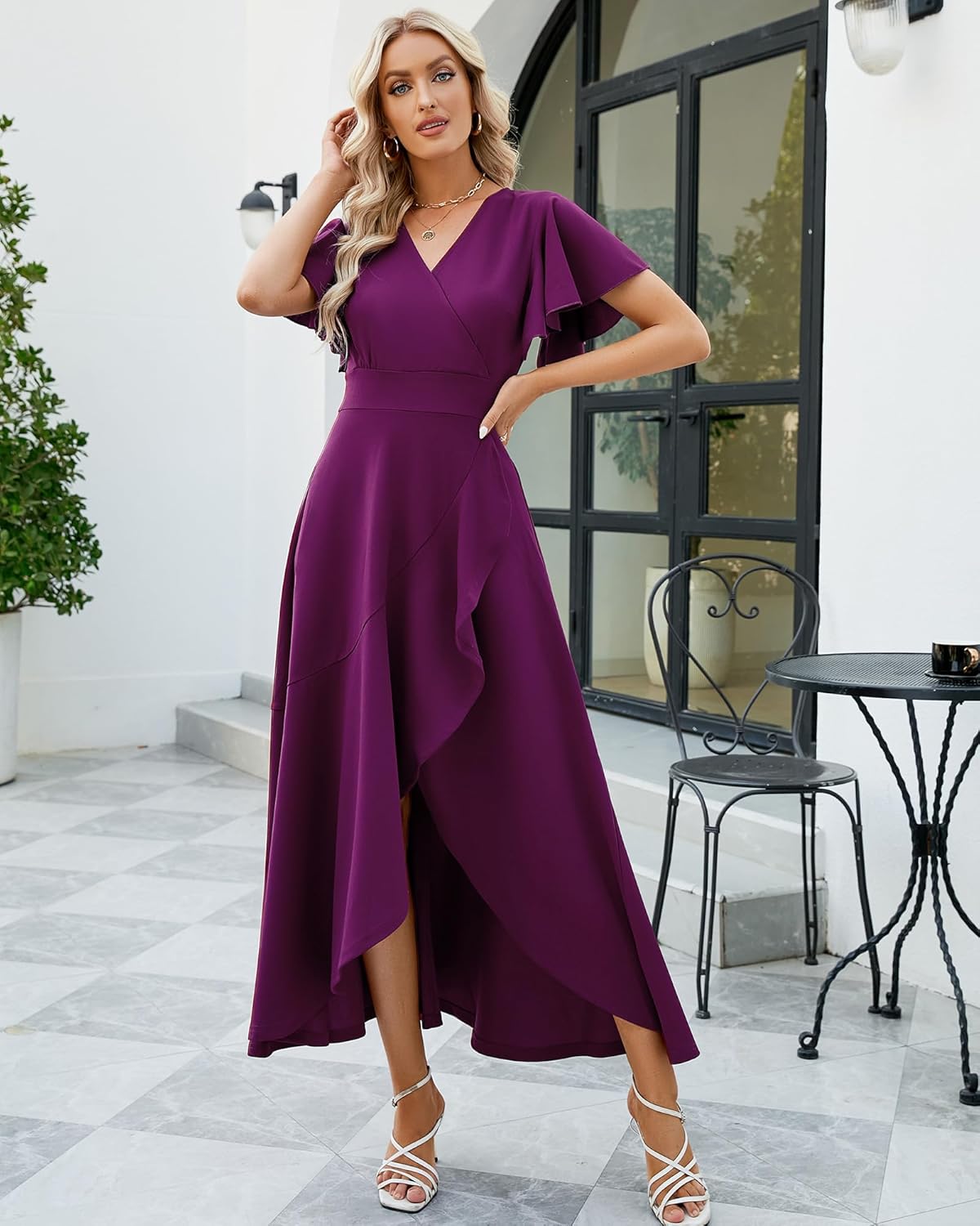 Long Black Formal Dresses for Women Gowns Evening Party Cocktail Dress,Split Elegant V Neck Wrap Ruffle Wedding Guest Dresses