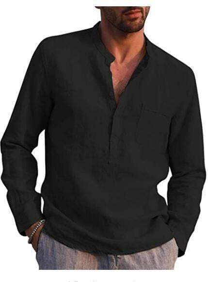 Men's Long Sleeve V-Neck Casual Faux Linen Shirt