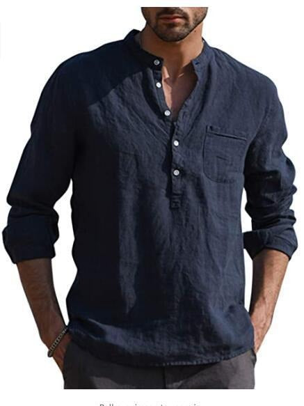 Men's Long Sleeve V-Neck Casual Faux Linen Shirt