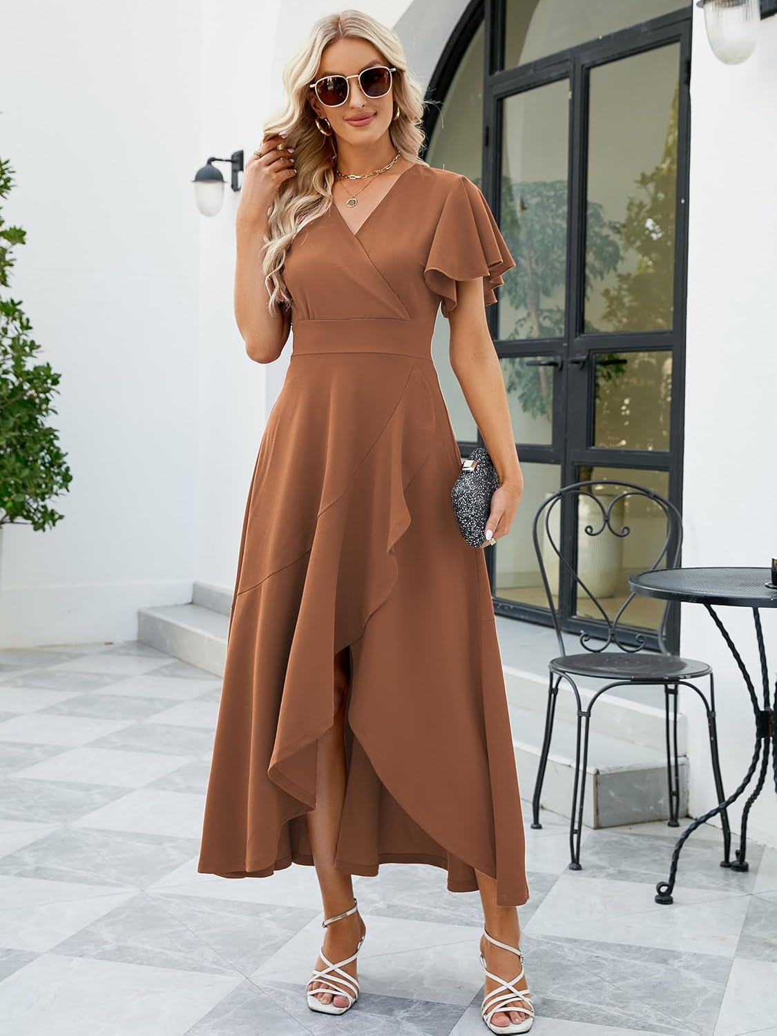 Long Black Formal Dresses for Women Gowns Evening Party Cocktail Dress,Split Elegant V Neck Wrap Ruffle Wedding Guest Dresses