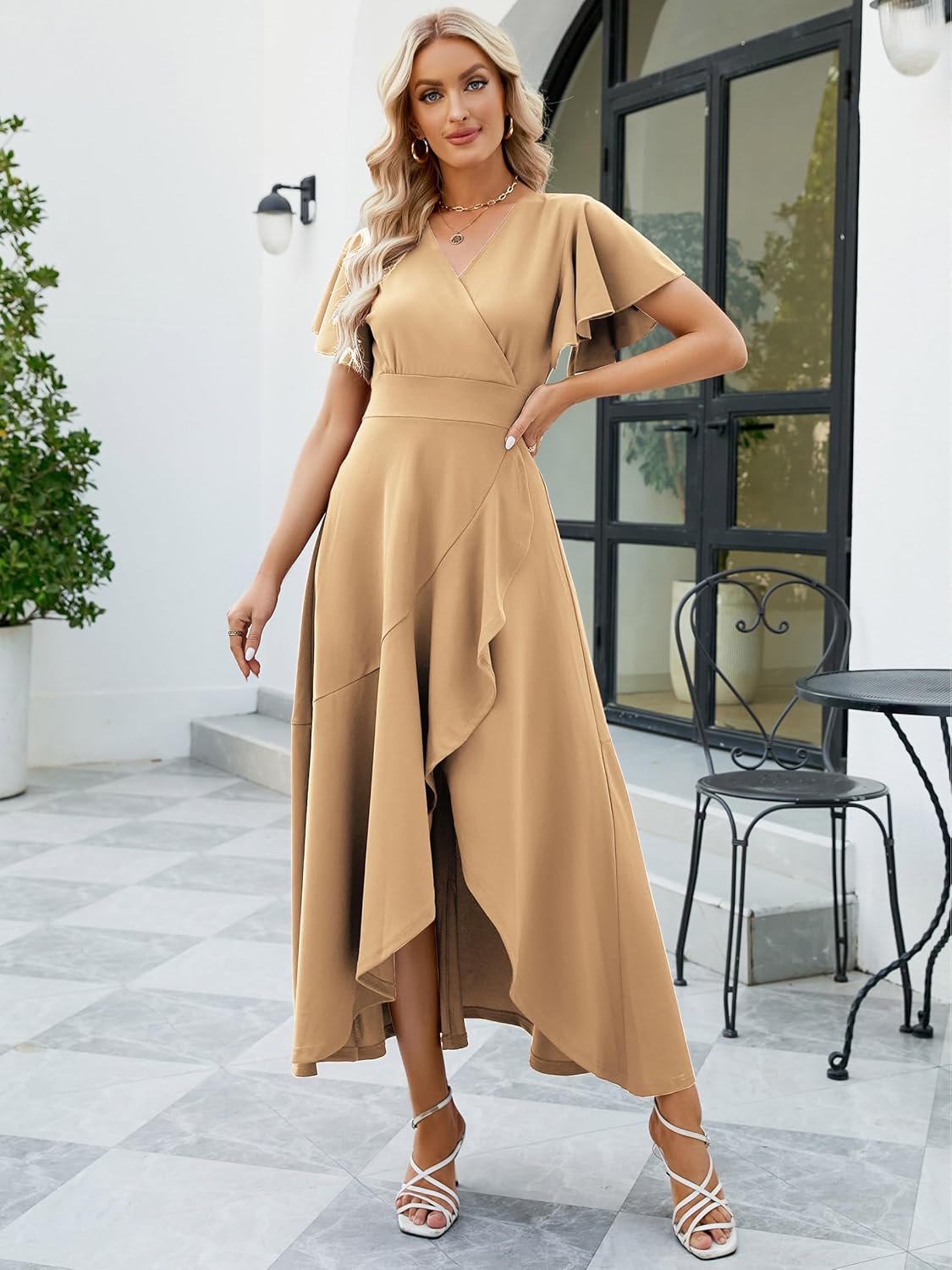 Long Black Formal Dresses for Women Gowns Evening Party Cocktail Dress,Split Elegant V Neck Wrap Ruffle Wedding Guest Dresses