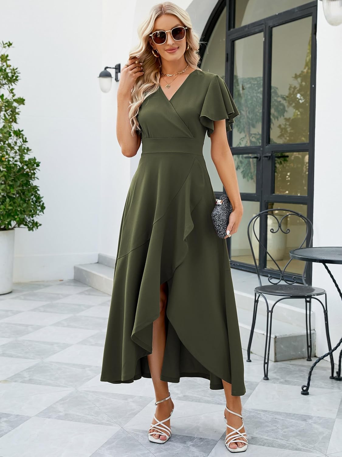 Long Black Formal Dresses for Women Gowns Evening Party Cocktail Dress,Split Elegant V Neck Wrap Ruffle Wedding Guest Dresses