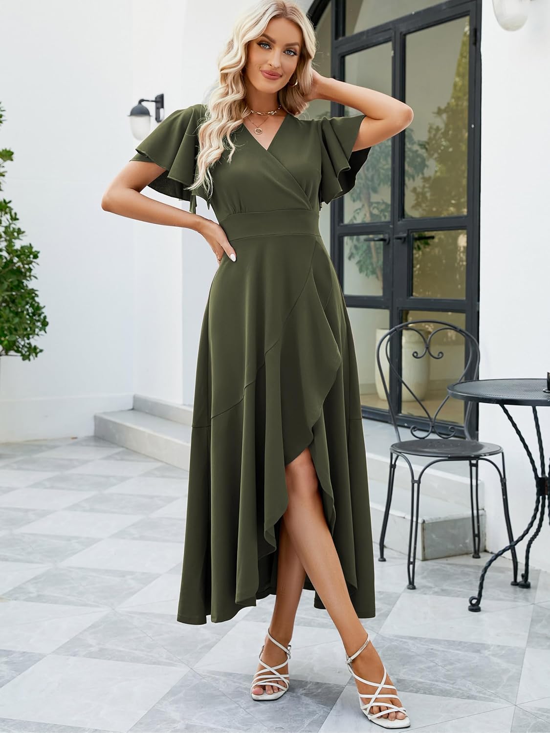 Long Black Formal Dresses for Women Gowns Evening Party Cocktail Dress,Split Elegant V Neck Wrap Ruffle Wedding Guest Dresses