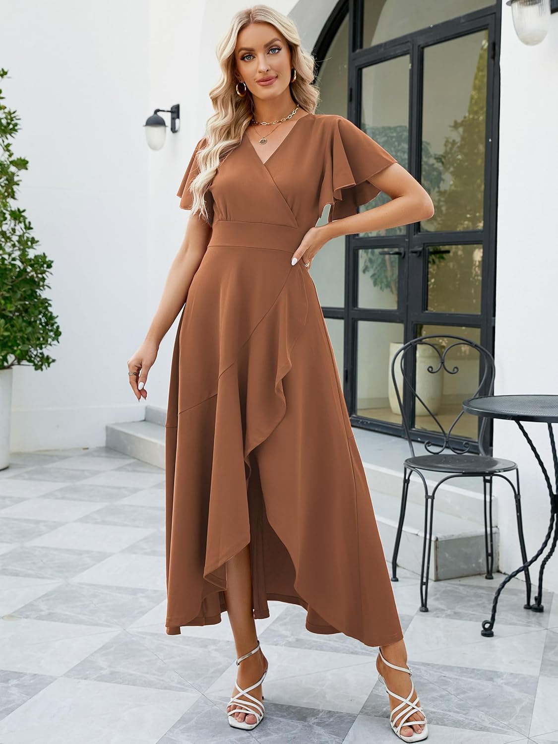 Long Black Formal Dresses for Women Gowns Evening Party Cocktail Dress,Split Elegant V Neck Wrap Ruffle Wedding Guest Dresses