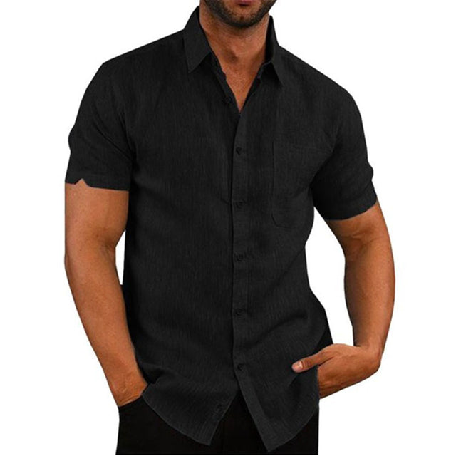 Cotton Linen Male Short-sleeved Shirts Summer Solid Color Turn-down Collar