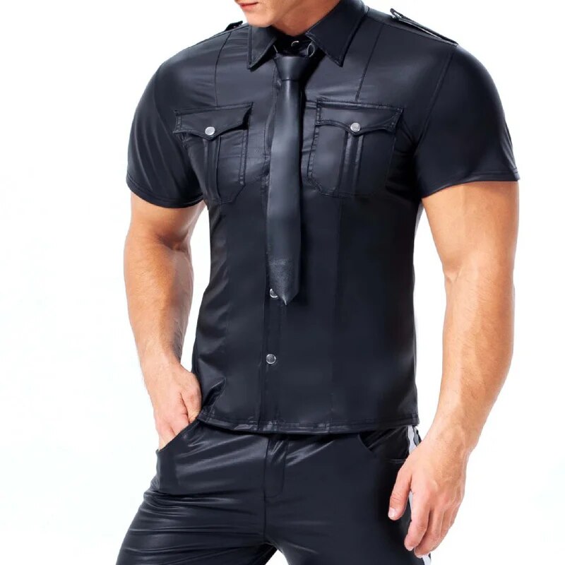 Men's PU Leather T-shirt | Turn-down Collar Button Tee Shirt