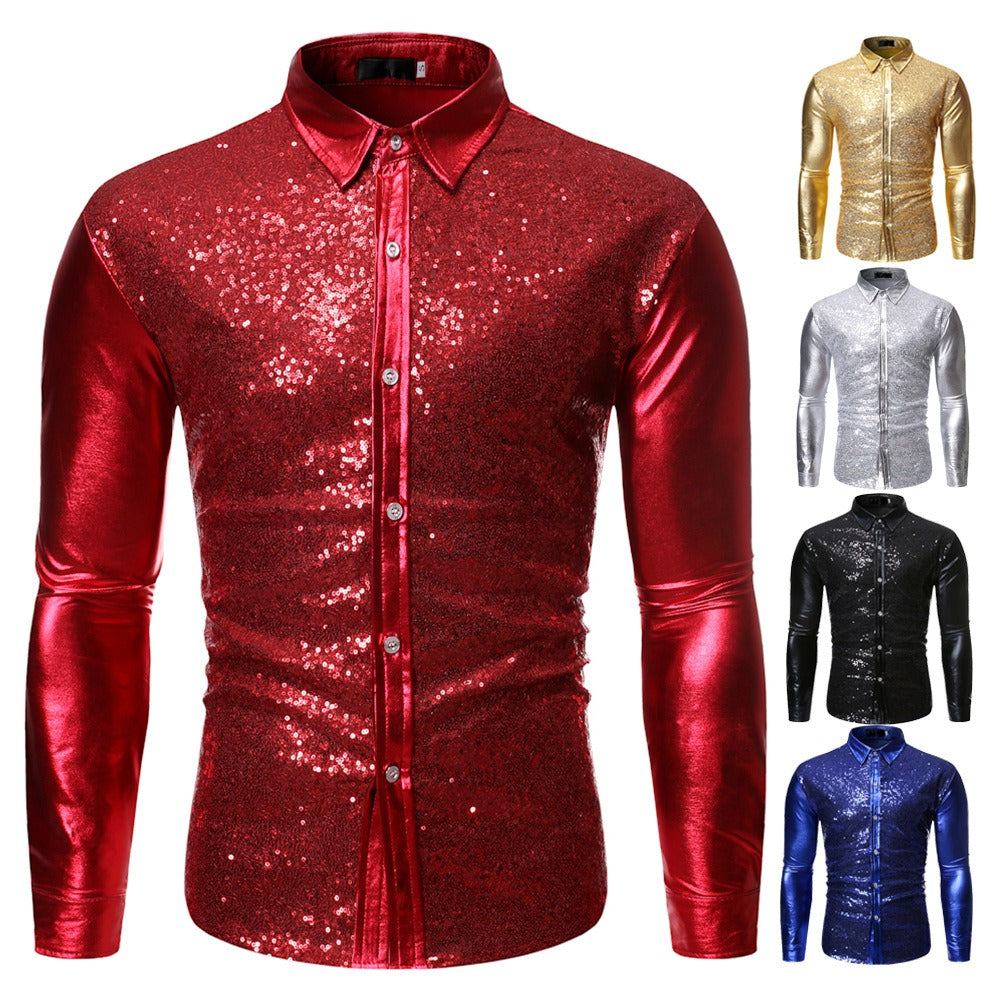 Silver Metallic Sequins Glitter Male Stage Performance Shirt Male