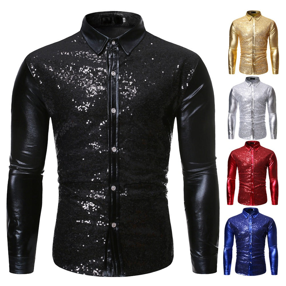 Silver Metallic Sequins Glitter Male Stage Performance Shirt Male