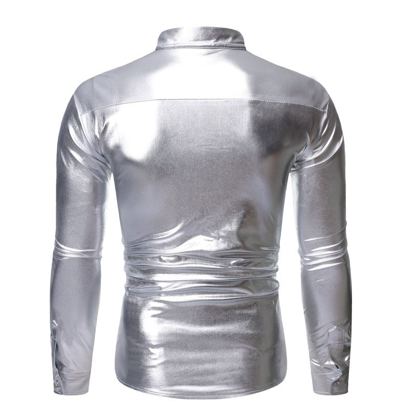 Silver Metallic Sequins Glitter Male Stage Performance Shirt Male