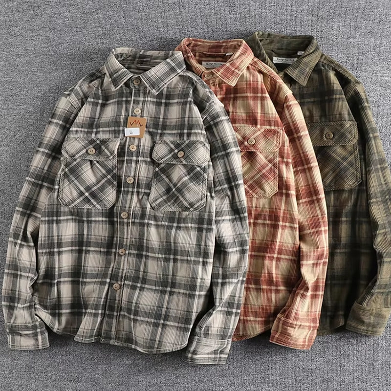 Plaid Woven Corduroy Men Shirts