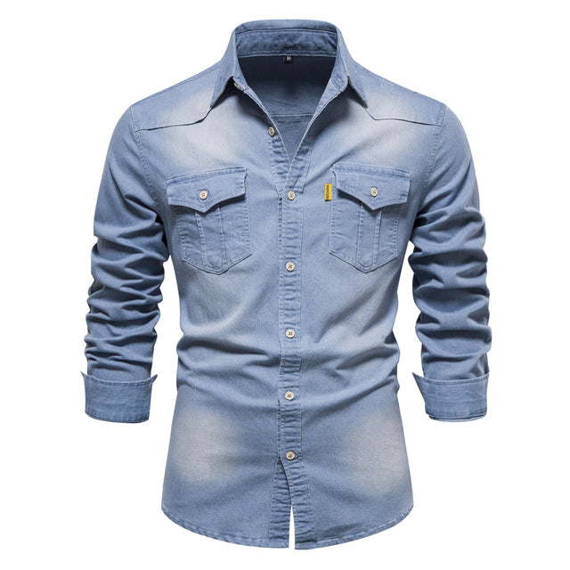 Cotton Denim Shirt Men Long Sleeve