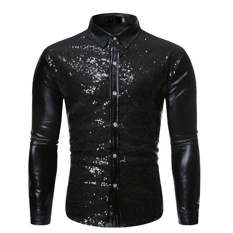 Silver Metallic Sequins Glitter Male Stage Performance Shirt Male